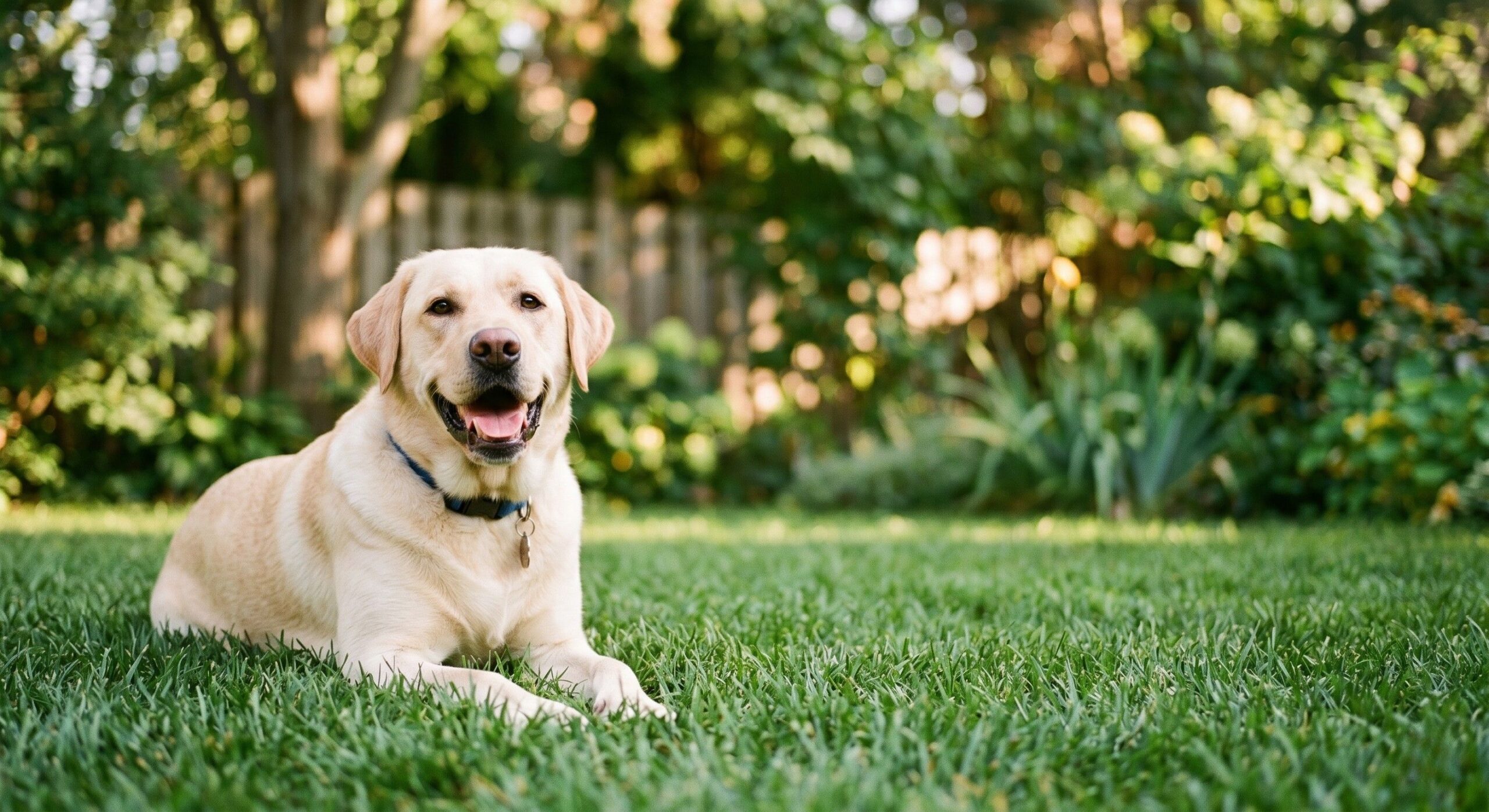 Happy Dog lying on the green turf